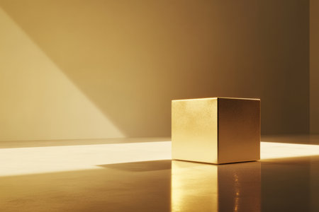 minimalistic cube in gold, gently rotating with soft lighting creating subtle reflections on its edges.の素材