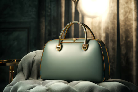 luxurious handbag in light green leather with gold trim, displayed on a soft velvet cushion with a soft spotlight highlighting its elegant curves.の素材