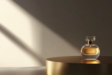 luxury perfume bottle placed on a minimalist gold pedestal with smooth lighting highlighting its curves.の素材