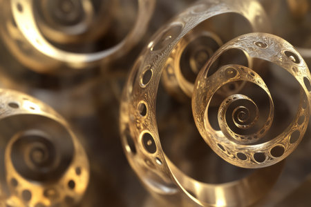 looping spirals in gold, rotating and gently expanding, creating an ever-changing backdrop of fluid motion.の素材