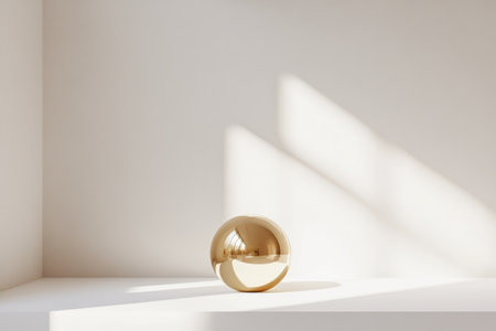 polished geometric sphere in gold, perfectly placed at the center, with light reflecting off its surface in a minimalist layout.の素材