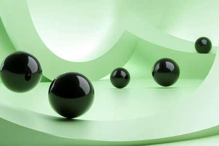 minimalist design featuring smooth black spheres floating in space with a soft light green glow around them, creating a serene and elegant atmosphere.の素材