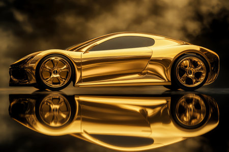 sleek car model in gold, rotating slowly on a reflective surface, emphasizing its modern and futuristic design.の素材