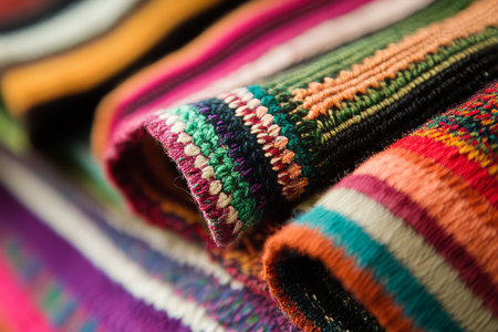 Close-up of Bolivian Aguayo textile, colorful woven stripes with geometric indigenous patterns.の素材