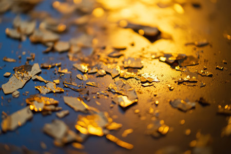 Close-up of gold foil flakes scattered on a surface, rich metallic glow with delicate edges.の素材