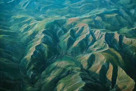 Abstract representation of mountains and valleys from an aerial view, with deep greens, browns, and blues blending into a calm and peaceful natural landscape.の素材
