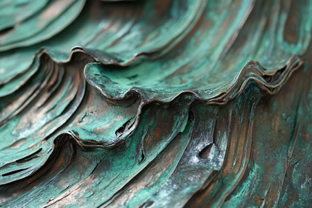 Close-up of aged bronze texture, oxidized metal with deep green patina forming abstract streaks.の素材