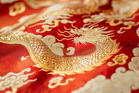 Close-up of Chinese silk brocade, intricate dragon motifs woven in gold and red on a smooth, shiny surface.の素材