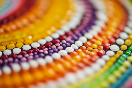 Close-up of Australian Aboriginal dot painting texture, colorful dots forming intricate cultural patterns.の素材