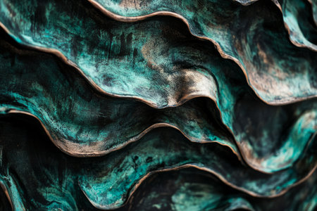 Close-up of aged bronze texture, oxidized metal with deep green patina forming abstract streaks.の素材
