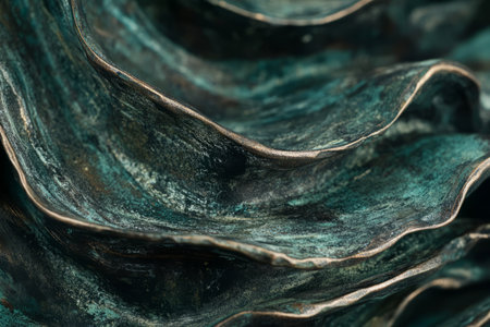 Close-up of aged bronze texture, oxidized metal with deep green patina forming abstract streaks.の素材