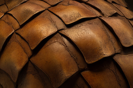 Close-up of armadillo shell texture, tough, overlapping plates in earthy brown, forming natural armor.の素材