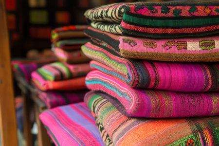 Bolivian aguayo textile, bright pinks, greens, and purples in tightly woven Andean wool fabric.の素材