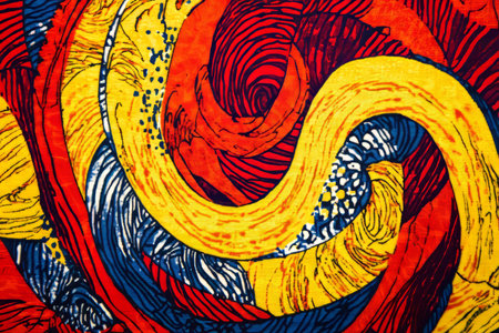 Bright Kenyan Kitenge fabric, bold swirling red, orange, and yellow patterns in a wax-dyed cotton weave.の素材