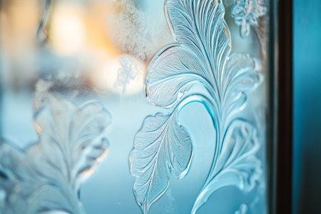 Close-up of frosted glass in icy blue, subtle gradients and soft, diffused light creating an elegant effect.の素材