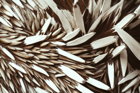 Close-up of hedgehog spines, overlapping sharp quills in brown and white tones, forming a natural protective texture.の素材