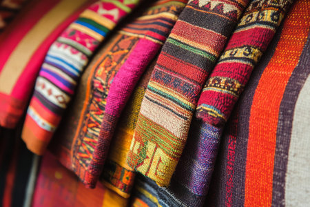 Close-up of Bolivian Aguayo textile, colorful woven stripes with geometric indigenous patterns.の素材