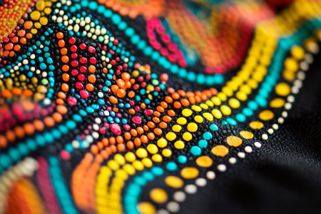 Close-up of Australian Aboriginal dot painting texture, colorful dots forming intricate cultural patterns.の素材