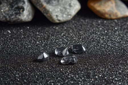 Close-up of black volcanic sand, fine grains with a smooth, matte finish.の素材