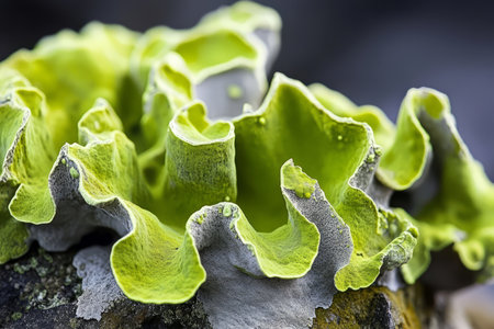 Close-up of lichen-covered rock, bright green and gray growths spreading across a rugged surface.の素材