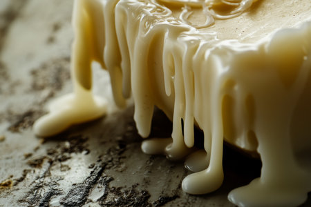Close-up of melted candle wax texture, thick, flowing drips frozen in time on a rustic surface.の素材