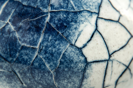 Close-up of handmade ceramic glaze, crackled surface with deep blue and white blending.の素材
