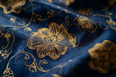 Close-up of Balinese Batik fabric, golden floral motifs on deep blue cotton, wax-dyed for a traditional look.の素材