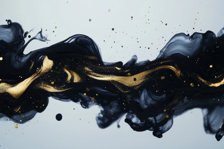 Abstract organic shapes formed by ink drops in black and gold, merging seamlessly into the background, creating a sense of fluid motion.の素材