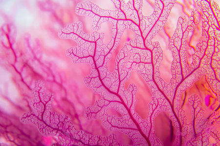 Close-up of coral reef surface, intricate branching coral structures in vivid pinks and purples.の素材