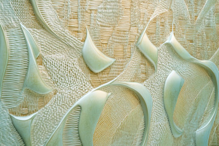 textured seamless wallpaper with intricate woven patterns in soft light green and gold, creating a delicate and organic look.の素材