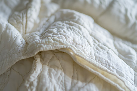Close-up of white cotton quilt, showing the soft, subtle texture of the fabric with intricate stitching that adds depth and softness.の素材