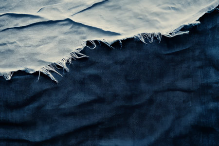 Close-up of torn denim fabric texture, frayed edges and visible white cotton fibers contrasting deep blue.の素材