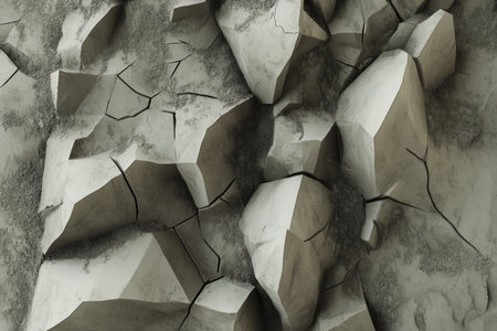 Highly detailed cracked mud texture, dry earth fracturing into complex geometric shapes.の素材