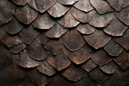 Detailed pangolin scales, overlapping armored plates forming a unique, earthy brown natural texture.の素材