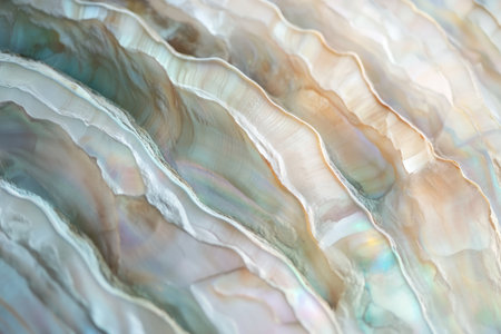 Close-up of seashell surface texture, smooth, spiral ridges with delicate pastel hues and subtle iridescence.の素材