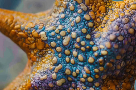 Close-up of starfish skin texture, rough, bumpy surface with small, colorful granules covering its arms.の素材