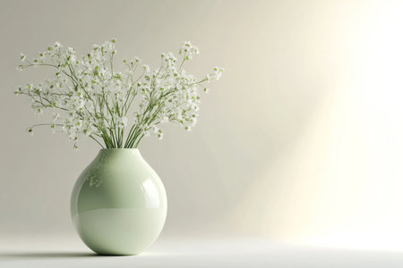 sleek modern vase in light green, filled with delicate flowers, set against a clean backdrop to enhance its elegant form.の素材