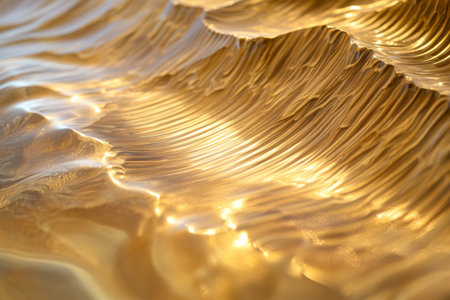 Highly detailed drifting golden sand dunes, fine ripples forming dynamic patterns.の素材