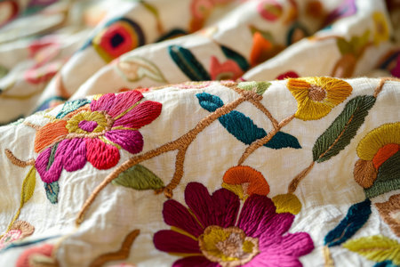 Highly detailed Indian hand-embroidered fabric, with colorful threads and fine textures that create a rich, decorative look.の素材