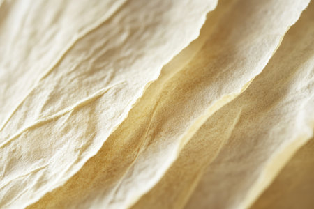 Macro shot of aged parchment texture, warm yellowed tones with faded creases and delicate fibers.の素材