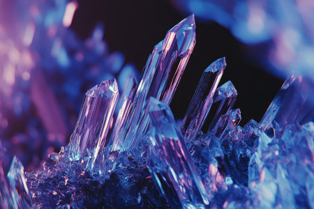 Macro shot of crystal formations, jagged, translucent blue and purple geometric structures.の素材