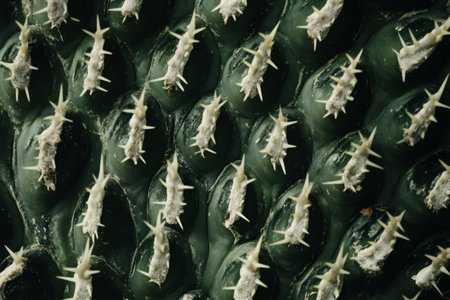 Macro shot of cactus spines, sharp white thorns protruding from deep green succulent skin.の素材