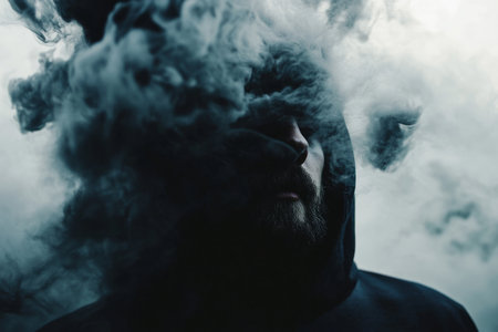Macro shot of black smoke swirling in the air, mysterious and ethereal movement.の素材