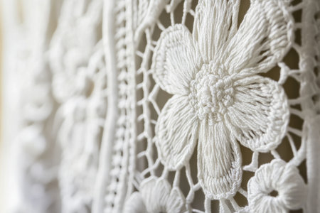 Macro shot of delicate white lace fabric with floral embroidery, intricate and luxurious, showing detailed needlework.の素材