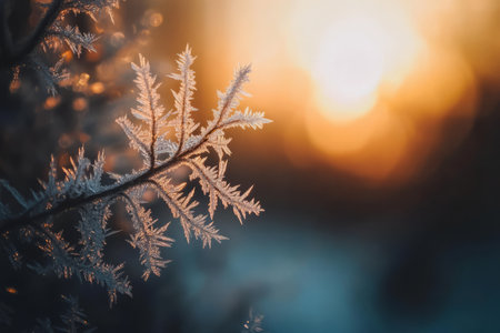 Macro shot of frost on a windowpane, intricate and delicate, forming unique crystalline patterns against a soft, blurred background.の素材