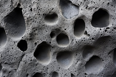 Macro shot of lava rock texture, porous black volcanic stone with rugged, irregular holes.の素材