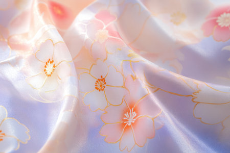 Macro shot of Japanese kimono silk, delicate floral patterns in pastel pinks and blues.の素材