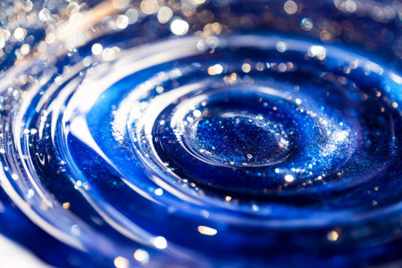 Macro shot of poured resin texture, glossy, deep blue with suspended glitter and abstract swirls.の素材