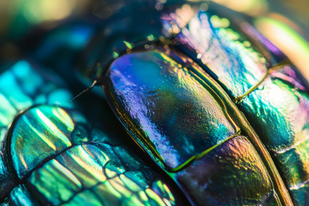 Macro shot of iridescent beetle shell texture, shimmering green and blue hues, reflecting different colors depending on the angle.の素材