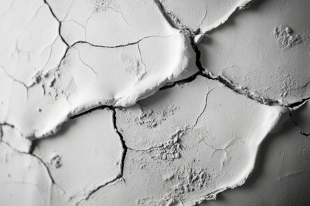 Macro shot of textured plaster wall, rough white surface with organic cracks and bumps.の素材